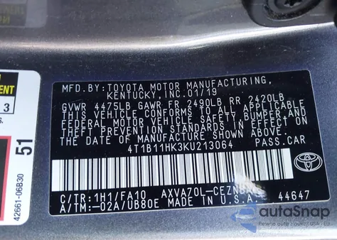 2019 Toyota Camry Le from USA, damaged, VIN 4T1B11HK3KU213064